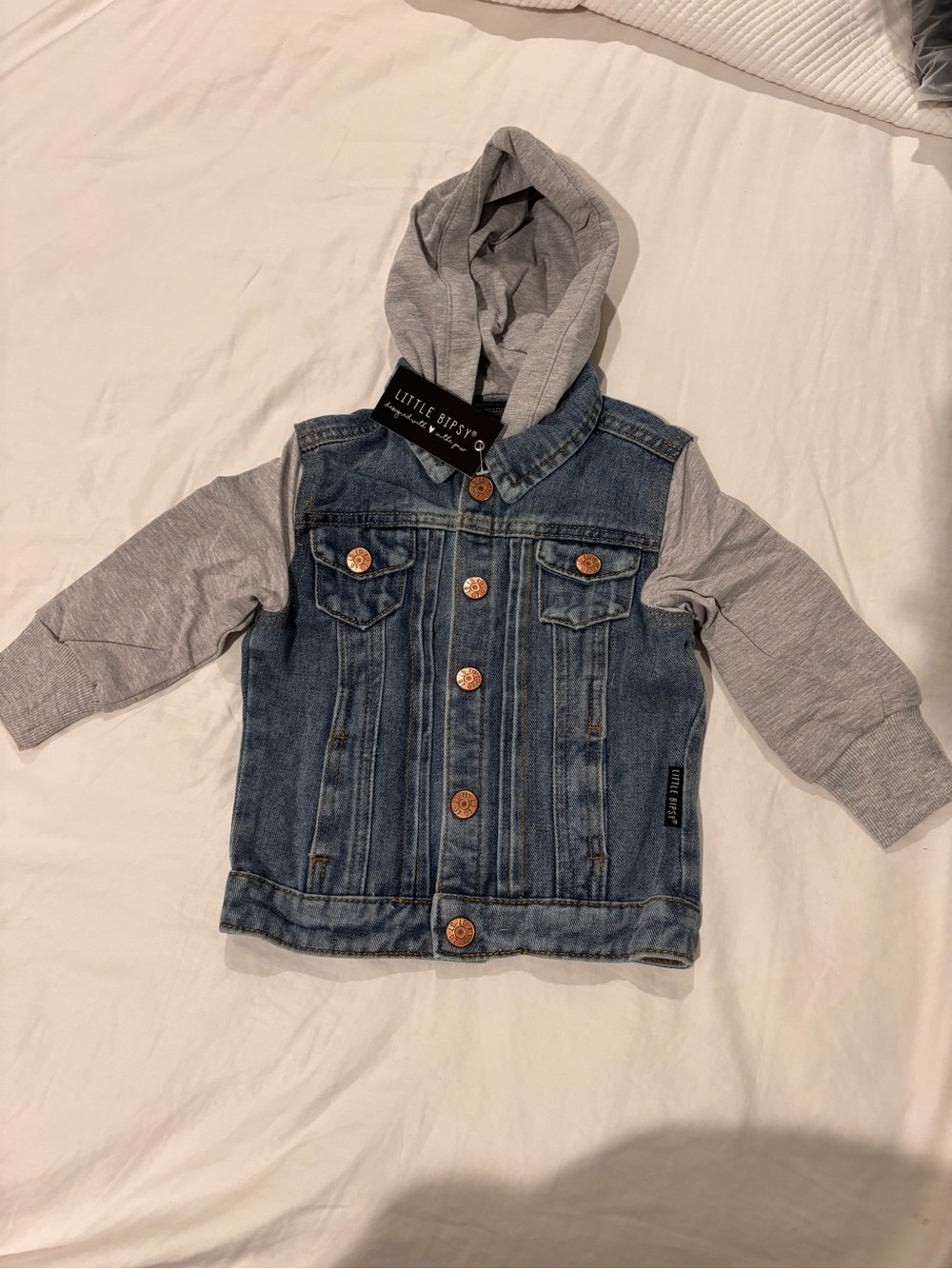 Little Bipsy Light Blue Denim Jacket with Grey Hood and Sleeves 12-18 months NWT